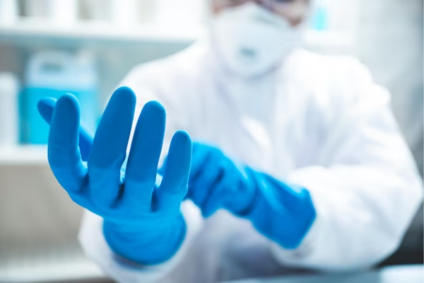 Trabajador usando guantes de protección química